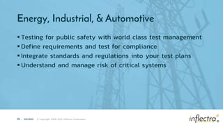 ®
25 | 4/6/2022 © Copyright 2006-2022 Inflectra Corporation
®
Energy, Industrial, & Automotive
 Testing for public safety with world class test management
 Define requirements and test for compliance
 Integrate standards and regulations into your test plans
 Understand and manage risk of critical systems
 