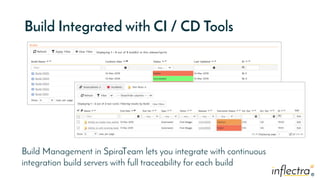 ®
®
Build Integrated with CI / CD Tools
Build Management in SpiraTeam lets you integrate with continuous
integration build servers with full traceability for each build
 
