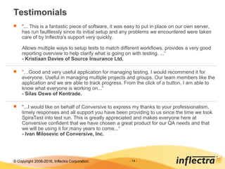 © Copyright 2006-2017, Inflectra Corporation - 14 -
Testimonials
 "... This is a fantastic piece of software, it was easy to put in place on our own server,
has run faultlessly since its initial setup and any problems we encountered were taken
care of by Inflectra's support very quickly.
Allows multiple ways to setup tests to match different workflows. provides a very good
reporting overview to help clarify what is going on with testing. ...“
- Kristiaan Davies of Source Insurance Ltd.
 “…Good and very useful application for managing testing. I would recommend it for
everyone. Useful in managing multiple projects and groups. Our team members like the
application and we are able to track progress. From the click of a button, I am able to
know what everyone is working on...“
- Silas Oswe of Kentrade.
 "...I would like on behalf of Conversive to express my thanks to your professionalism,
timely responses and all support you have been providing to us since the time we took
SpiraTest into test run. This is greatly appreciated and makes everyone here at
Conversive confident that we have chosen a great product for our QA needs and that
we will be using it for many years to come...“
- Ivan Milosevic of Conversive, Inc.
 