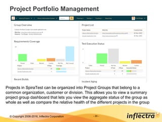 © Copyright 2006-2017, Inflectra Corporation - 20 -
Project Portfolio Management
Projects in SpiraTest can be organized into Project Groups that belong to a
common organization, customer or division. This allows you to view a summary
project group dashboard that lets you view the aggregate status of the group as
whole as well as compare the relative health of the different projects in the group
 