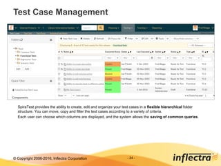 © Copyright 2006-2017, Inflectra Corporation - 24 -
Test Case Management
SpiraTest provides the ability to create, edit and organize your test cases in a flexible hierarchical folder
structure. You can move, copy and filter the test cases according to a variety of criteria.
Each user can choose which columns are displayed, and the system allows the saving of common queries.
 