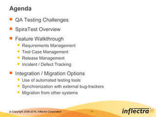 © Copyright 2006-2017, Inflectra Corporation - 3 -
Agenda
 QA Testing Challenges
 SpiraTest Overview
 Feature Walkthrough
 Requirements Management
 Test Case Management
 Release Management
 Incident / Defect Tracking
 Integration / Migration Options
 Use of automated testing tools
 Synchronization with external bug-trackers
 Migration from other systems
 