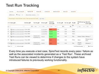 © Copyright 2006-2017, Inflectra Corporation - 30 -
Test Run Tracking
Every time you execute a test case, SpiraTest records every pass / failure as
well as the associated incidents generated as a ‘Test Run’. These archived
Test Runs can be viewed to determine if changes to the system have
introduced failures to previously working functionality.
 
