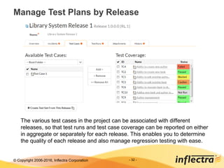 © Copyright 2006-2017, Inflectra Corporation - 32 -
Manage Test Plans by Release
The various test cases in the project can be associated with different
releases, so that test runs and test case coverage can be reported on either
in aggregate or separately for each release. This enables you to determine
the quality of each release and also manage regression testing with ease.
 