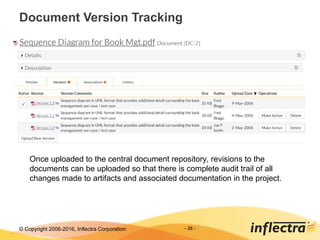 © Copyright 2006-2017, Inflectra Corporation - 38 -
Document Version Tracking
Once uploaded to the central document repository, revisions to the
documents can be uploaded so that there is complete audit trail of all
changes made to artifacts and associated documentation in the project.
 