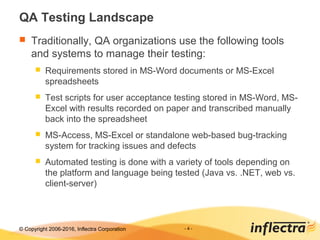 © Copyright 2006-2017, Inflectra Corporation - 4 -
QA Testing Landscape
 Traditionally, QA organizations use the following tools
and systems to manage their testing:
 Requirements stored in MS-Word documents or MS-Excel
spreadsheets
 Test scripts for user acceptance testing stored in MS-Word, MS-
Excel with results recorded on paper and transcribed manually
back into the spreadsheet
 MS-Access, MS-Excel or standalone web-based bug-tracking
system for tracking issues and defects
 Automated testing is done with a variety of tools depending on
the platform and language being tested (Java vs. .NET, web vs.
client-server)
 