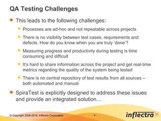 © Copyright 2006-2017, Inflectra Corporation - 5 -
QA Testing Challenges
 This leads to the following challenges:
 Processes are ad-hoc and not repeatable across projects
 There is no visibility between test cases, requirements and
defects. How do you know when you are truly ‘done’?
 Measuring progress and productivity during testing is time
consuming and difficult
 It’s hard to share information across the project and get real-time
metrics regarding the quality of the system being tested
 There is no central repository of test results from all sources –
both automated and manual
 SpiraTest is explicitly designed to address these issues
and provide an integrated solution…
 