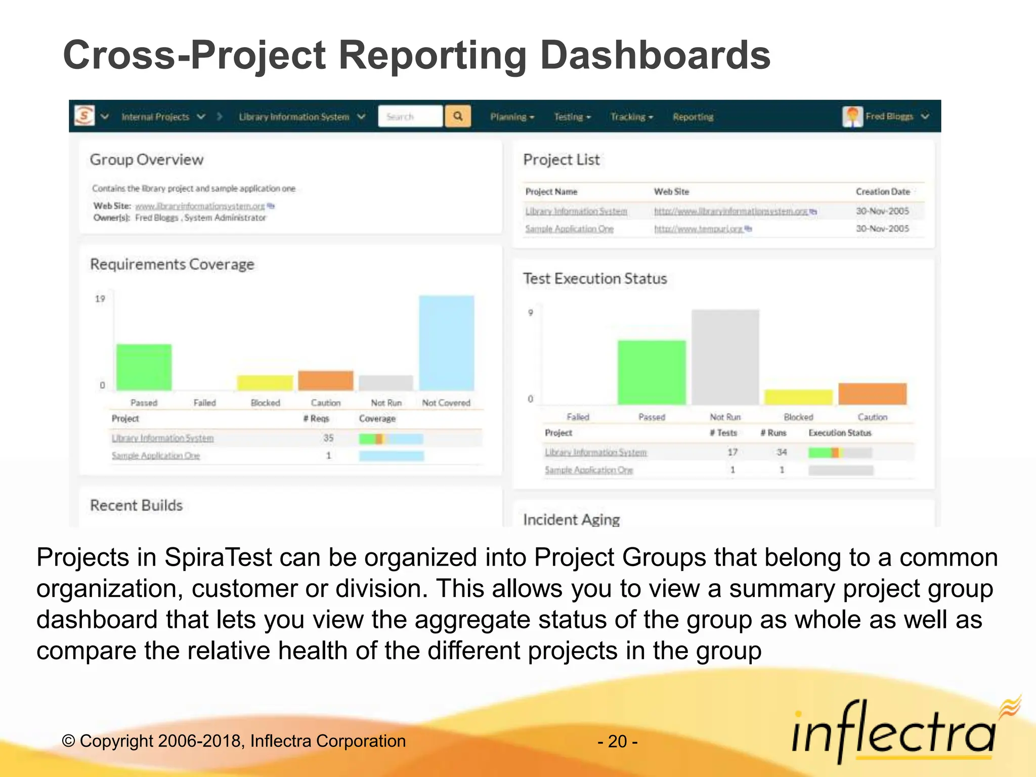 © Copyright 2006-2018, Inflectra Corporation - 20 -
Cross-Project Reporting Dashboards
Projects in SpiraTest can be organized into Project Groups that belong to a common
organization, customer or division. This allows you to view a summary project group
dashboard that lets you view the aggregate status of the group as whole as well as
compare the relative health of the different projects in the group
 