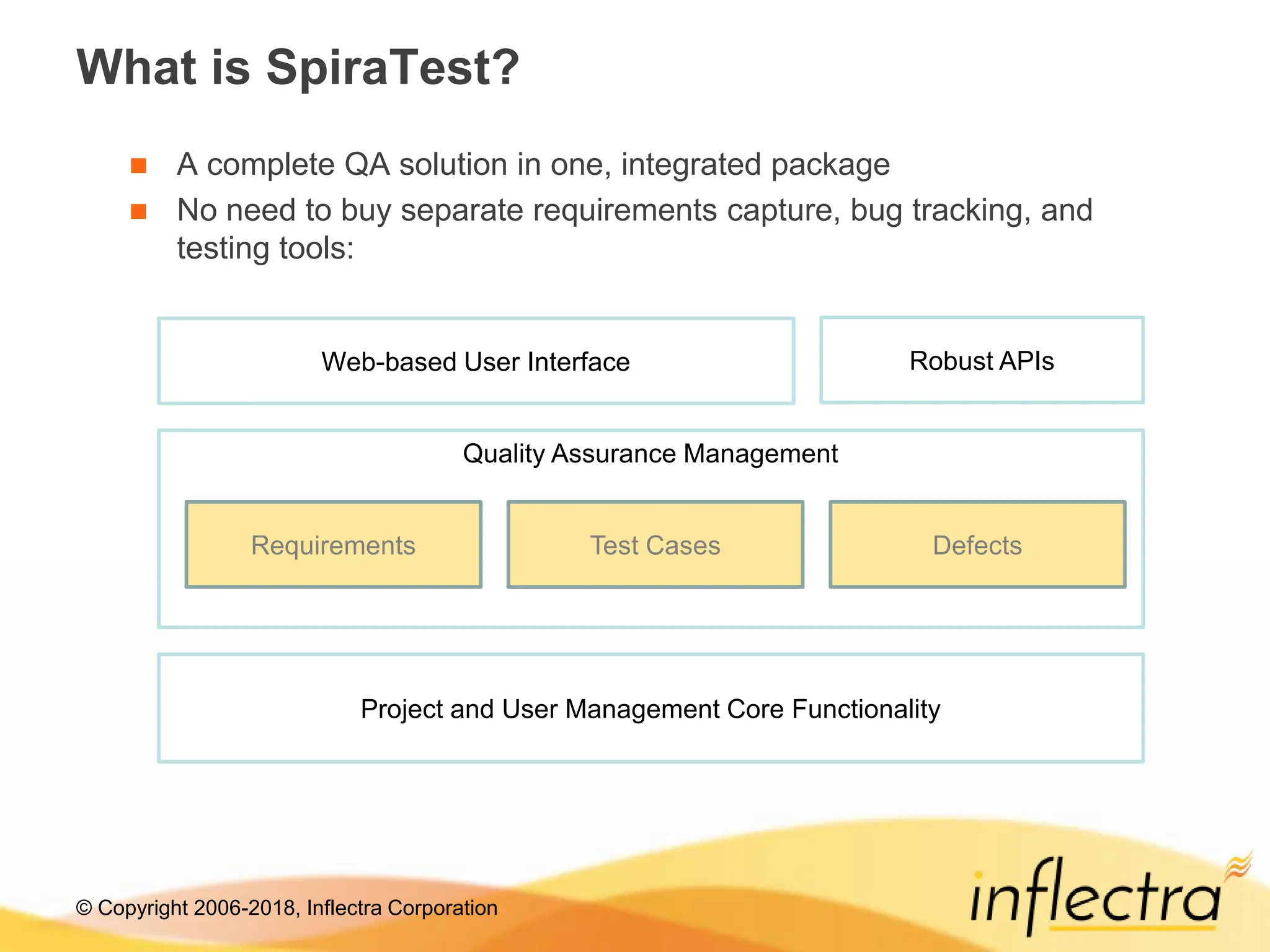 © Copyright 2006-2018, Inflectra Corporation
What is SpiraTest?
 A complete QA solution in one, integrated package
 No need to buy separate requirements capture, bug tracking, and
testing tools:
Quality Assurance Management
Web-based User Interface
Project and User Management Core Functionality
Robust APIs
Requirements Test Cases Defects
 