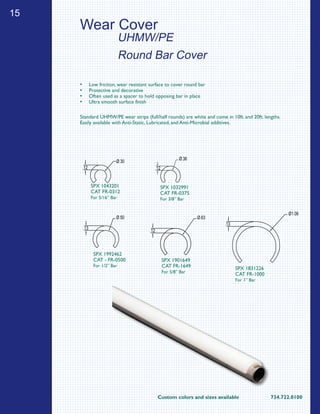 15
Custom colors and sizes available		 734.722.0100
Standard UHMW/PE wear strips (full/half rounds) are white and come in 10ft. and 20ft. lengths.
Easily available with Anti-Static, Lubricated, and Anti-Microbial additives.
Wear Cover
Low friction, wear resistant surface to cover round bar•	
Protective and decorative•	
Often used as a spacer to hold opposing bar in place•	
Ultra smooth surface finish•	
UHMW/PE
Round Bar Cover
.12
Ø.30
SPX 1043201
CAT FR-0312
For 5/16” Bar
.12
Ø.36
SPX 1032991
CAT FR-0375
For 3/8” Bar
.13
Ø.50
SPX 1992462
CAT - FR-0500
For 1/2” Bar
.12
Ø.63
SPX 1901649
CAT FR-1649
For 5/8” Bar
.13
Ø1.06
SPX 1831226
CAT FR-1000
For 1” Bar
 