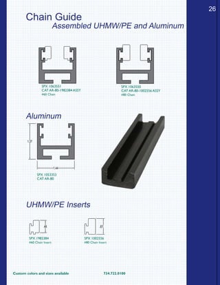 Custom colors and sizes available			 734.722.0100
26
SPX 1053353
CAT AR-80
1.44
1.37
SPX 1002556
#80 Chain Insert
SPX 1982384
#60 Chain Insert
.48 .61
Chain Guide
SPX 1063551
CAT AR-80-1982384 ASSY
#60 Chain
SPX 1063550
CAT AR-80-1002556 ASSY
#80 Chain
Assembled UHMW/PE and Aluminum
Aluminum
UHMW/PE Inserts
 