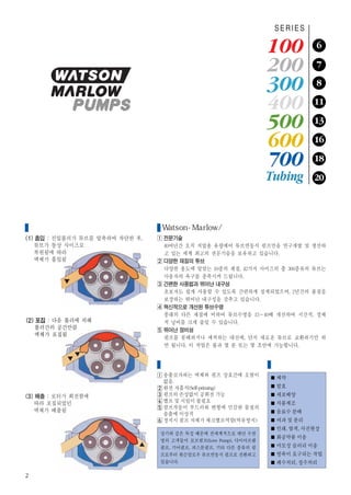 SERIES

                                                                  100         6

                                                                  200         7

                                                                  300         8

                                                                  400        11

                                                                  500        13

                                                                  600        16

                                                                  700        18

                                                                  Tubing     20




    작동원리                           atson-Marlow/유량제어 튜브연동식 펌프의 대명사
(1) 흡입 : 진입롤러가 튜브를 압축하여 차단한 후,    전문기술
   튜브가 통상 사이즈로                    40여년간 오직 저압용 유량제어 튜브연동식 펌프만을 연구개발 및 생산하
   복원됨에 따라                        고 있는 세계 최고의 전문기술을 보유하고 있습니다.
   액체가 흡입됨                        다양한 재질의 튜브
                                  다양한 용도에 알맞는 10종의 재질, 42가지 사이즈의 총 300종류의 튜브는
                                  사용자의 욕구를 충족시켜 드립니다.
                                  간편한 사용법과 뛰어난 내구성
                                  초보자도 쉽게 사용할 수 있도록 간편하게 설계되었으며, 2년간의 품질을
                                  보장하는 뛰어난 내구성을 갖추고 있습니다.
                                  혁신적으로 개선된 튜브수명
                                  종래의 다른 재질에 비하여 튜브수명을 15~40배 개선하여 시간적, 경제
(2) 포집 : 다음 롤러에 의해                적 낭비를 크게 줄일 수 있습니다.
   롤러간의 공간만큼                      뛰어난 정비성
   액체가 포집됨
                                  펌프를 분해하거나 세척하는 대신에, 단지 새로운 튜브로 교환하기만 하
                                  면 됩니다. 이 작업은 불과 몇 분 또는 몇 초안에 가능합니다.


                                 특 징                              적용분야
                                 송출코자하는 액체와 펌프 상호간에 오염이            제약
                                 없음.
                                 완전 자흡식(Self-priming)              발효
(3) 배출 : 로터가 회전함에                펌프의 손상없이 공회전 가능                   세포배양
   따라 포집되었던                      밸브 및 시일이 불필요                      식품제조
                                 펌프작동이 부드러워 변형에 민감한 물질의
   액체가 배출됨                                                         음료수 분배
                                 송출에 이상적
                                 정지시 펌프 자체가 체크밸브역할(역류방지)           여과 및 분리
                                                                   인쇄, 염색, 사진현상
                                 상기와 같은 특성 때문에 전세계적으로 매년 수천
                                                                   화공약품 이송
                                 명의 고객들이 로브펌프(Love Pump), 다이아프램
                                 펌프, 기어펌프, 피스톤펌프, 기타 다른 종류의 펌      마모성 슬러리 이송
                                 프로부터 왓슨말로우 튜브연동식 펌프로 전환하고         방폭이 요구되는 작업
                                 있습니다.                             폐수처리, 정수처리

2
 