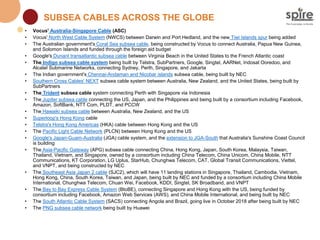 • Vocus' Australia-Singapore Cable (ASC)
• Vocus' North West Cable System (NWCS) between Darwin and Port Hedland, and the new Tiwi Islands spur being added
• The Australian government's Coral Sea subsea cable, being constructed by Vocus to connect Australia, Papua New Guinea,
and Solomon Islands and funded through the foreign aid budget
• Google's Dunant transatlantic subsea cable between Virginia Beach in the United States to the French Atlantic coast
• The Indigo subsea cable system being built by Telstra, SubPartners, Google, Singtel, AARNet, Indosat Ooredoo, and
Alcatel Submarine Networks, connecting Sydney, Perth, Singapore, and Jakarta
• The Indian government's Chennai-Andaman and Nicobar islands subsea cable, being built by NEC
• Southern Cross Cables' NEXT subsea cable system between Australia, New Zealand, and the United States, being built by
SubPartners
• The Trident subsea cable system connecting Perth with Singapore via Indonesia
• The Jupiter subsea cable connecting the US, Japan, and the Philippines and being built by a consortium including Facebook,
Amazon, SoftBank, NTT Com, PLDT, and PCCW
• The Hawaiki subsea cable between Australia, New Zealand, and the US
• Superloop's Hong Kong cable
• Telstra's Hong Kong Americas (HKA) cable between Hong Kong and the US
• The Pacific Light Cable Network (PLCN) between Hong Kong and the US
• Google's Japan-Guam-Australia (JGA) cable system, and the extension to JGA-South that Australia's Sunshine Coast Council
is building
• The Asia-Pacific Gateway (APG) subsea cable connecting China, Hong Kong, Japan, South Korea, Malaysia, Taiwan,
Thailand, Vietnam, and Singapore, owned by a consortium including China Telecom, China Unicom, China Mobile, NTT
Communications, KT Corporation, LG Uplus, StarHub, Chunghwa Telecom, CAT, Global Transit Communications, Viettel,
and VNPT, and being constructed by NEC
• The Southeast Asia Japan 2 cable (SJC2), which will have 11 landing stations in Singapore, Thailand, Cambodia, Vietnam,
Hong Kong, China, South Korea, Taiwan, and Japan, being built by NEC and funded by a consortium including China Mobile
International, Chunghwa Telecom, Chuan Wei, Facebook, KDDI, Singtel, SK Broadband, and VNPT
• The Bay to Bay Express Cable System (BtoBE), connecting Singapore and Hong Kong with the US, being funded by
consortium including Facebook, Amazon Web Services (AWS), and China Mobile International, and being built by NEC
• The South Atlantic Cable System (SACS) connecting Angola and Brazil, going live in October 2018 after being built by NEC
• The PNG subsea cable network being built by Huawei
SUBSEA CABLES ACROSS THE GLOBE
 