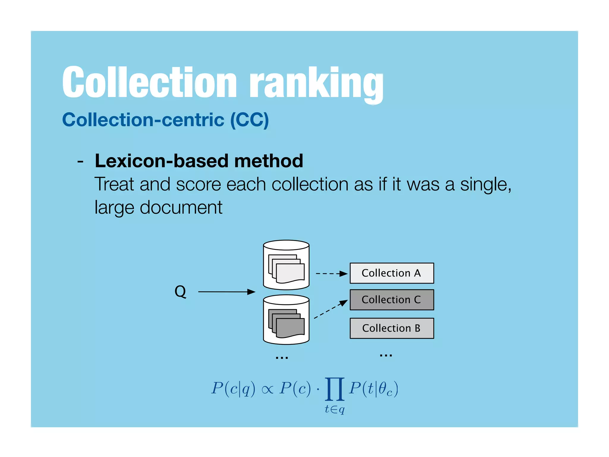 Collection ranking
Collection-centric (CC)

 - Lexicon-based method
   Treat and score each collection as if it was a single,
   large document


                                              Collection A
             Q                                Collection C

                                              Collection B

                           ...                   ...
                                      Y
                  P (c|q) / P (c) ·         P (t|✓c )
                                      t2q
 