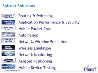 Spirent Solutions

  Routing &
  Switching                 Routing & Switching
Application &
  Security                  Application Performance & Security
Mobile packet
    core                    Mobile Packet Core
 Automation
                            Automation
   Network
  Emulation
                            Network/Wireline Emulation
   Wireless
  Emulation                 Wireless Emulation
   Network
  Monitoring
                            Network Monitoring
  Positioning
                            Assisted Positioning
                            Mobile Device Testing
Device testing

5 © SPIRENT COMMUNICATIONS 2012
 