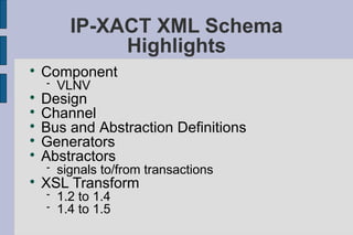 IP-XACT XML Schema
               Highlights

    Component
       VLNV

    Design

    Channel

    Bus and Abstraction Definitions

    Generators

    Abstractors
       signals to/from transactions

    XSL Transform
       1.2 to 1.4
       1.4 to 1.5
 