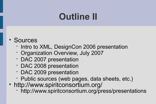 Outline II


    Sources
       Intro to XML, DesignCon 2006 presentation
       Organization Overview, July 2007
       DAC 2007 presentation
       DAC 2008 presentation
       DAC 2009 presentation
       Public sources (web pages, data sheets, etc.)

    http://www.spiritconsortium.org/
       http://www.spiritconsortium.org/press/presentations
 