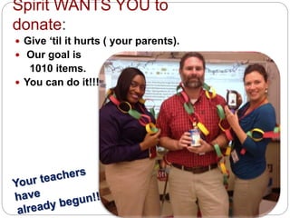 Spirit WANTS YOU to
donate:
 Give ‘til it hurts ( your parents).
 Our goal is
1010 items.
 You can do it!!!!!
 