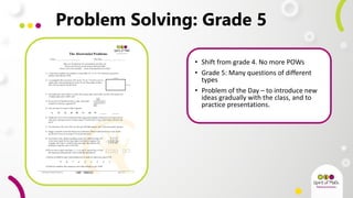 Problem Solving: Grade 5
• Shift from grade 4. No more POWs
• Grade 5: Many questions of different
types
• Problem of the Day – to introduce new
ideas gradually with the class, and to
practice presentations.
 