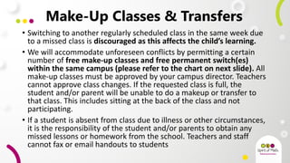 Make-Up Classes & Transfers
• Switching to another regularly scheduled class in the same week due
to a missed class is discouraged as this affects the child’s learning.
• We will accommodate unforeseen conflicts by permitting a certain
number of free make-up classes and free permanent switch(es)
within the same campus (please refer to the chart on next slide). All
make-up classes must be approved by your campus director. Teachers
cannot approve class changes. If the requested class is full, the
student and/or parent will be unable to do a makeup or transfer to
that class. This includes sitting at the back of the class and not
participating.
• If a student is absent from class due to illness or other circumstances,
it is the responsibility of the student and/or parents to obtain any
missed lessons or homework from the school. Teachers and staff
cannot fax or email handouts to students
 