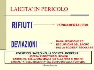 LAICITA’ IN PERICOLO di Giuseppe Campanella RIFIUTI DEVIAZIONI FONDAMENTALISMI BANALIZZAZIONE ED ESCLUSIONE DEL SACRO  DALLA SOCIETA’ SECOLARE FORME DEL SACRO NELLA SOCIETA’ MODERNA:   LIBERTA’ E DIRITTI DEGLI UOMINI SACRALITA’ DELLA VITA UMANA (NO ALLA PENA DI MORTE) SACRALITA’ DELL’INTEGRITA’ DEL CORPO (NO ALLA TORTURA) 