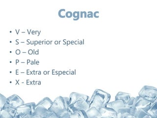• V – Very
• S – Superior or Special
• O – Old
• P – Pale
• E – Extra or Especial
• X - Extra
 