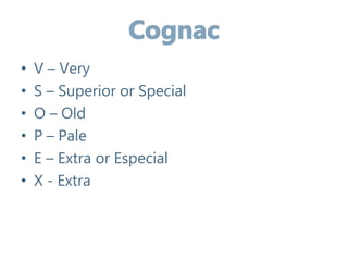 • V – Very
• S – Superior or Special
• O – Old
• P – Pale
• E – Extra or Especial
• X - Extra
 