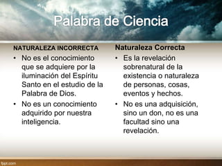 NATURALEZA INCORRECTA         Naturaleza Correcta
• No es el conocimiento       • Es la revelación
  que se adquiere por la        sobrenatural de la
  iluminación del Espíritu      existencia o naturaleza
  Santo en el estudio de la     de personas, cosas,
  Palabra de Dios.              eventos y hechos.
• No es un conocimiento       • No es una adquisición,
  adquirido por nuestra         sino un don, no es una
  inteligencia.                 facultad sino una
                                revelación.
 