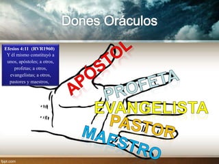 Efesios 4:11 (RVR1960)
 Y él mismo constituyó a
 unos, apóstoles; a otros,
     profetas; a otros,
  evangelistas; a otros,
  pastores y maestros,
 