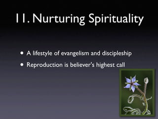 11. Nurturing Spirituality

 • A lifestyle of evangelism and discipleship
 • Reproduction is believer's highest call
 