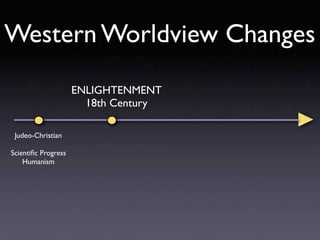 Western Worldview Changes
                     ENLIGHTENMENT
                       18th Century

 Judeo-Christian

Scientiﬁc Progress
    Humanism
 