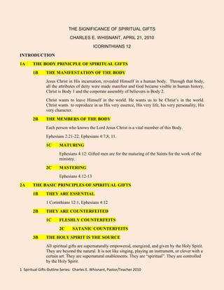 THE SIGNIFICANCE OF SPIRITUAL GIFTS<br />CHARLES E. WHISNANT, APRIL 21, 2010<br />ICORINTHIANS 12<br />INTRODUCTION<br />1ATHE BODY PRINICPLE OF SPIRITUAL GIFTS<br />    1BTHE MANIFESTATION OF THE BODY<br />Jesus Christ in His incarnation, revealed Himself in a human body.  Through that body, all the attributes of deity were made manifest and God became visible in human history. Christ is Body 1 and the corporate assembly of believers is Body 2. <br />Christ wants to leave Himself in the world. He wants us to be Christ’s in the world. Christ wants  to reproduce in us His very essence, His very life, his very personality, His very character.<br />    2BTHE MEMBERS OF THE BODY<br />Each person who knows the Lord Jesus Christ is a vital member of this Body.<br />Ephesians 2:21-22, Ephesians 4:7,8, 11.<br />1CMATURING<br />Ephesians 4:12: Gifted men are for the maturing of the Saints for the work of the ministry.<br />2CMASTERING<br />Ephesians 4:12-13<br />2ATHE BASIC PRINCIPLES OF SPIRITUAL GIFTS<br />1BTHEY ARE ESSENTIAL<br />1 Corinthians 12:1, Ephesians 4:12<br />2BTHEY ARE COUNTERFEITED<br />1CFLESHLY COUNTERFEITS<br />2CSATANIC COUNTERFEITS<br />3BTHE HOLY SPIRIT IS THE SOURCE<br />All spiritual gifts are supernaturally empowered, energized, and given by the Holy Spirit. They are beyond the natural. It is not like singing, playing an instrument, or clever with a certain art. They are supernatural enablements. They are “spiritual”. They are controlled by the Holy Spirit.<br />4BTHEY WILL ALWAYS UNITE<br />They will always unite the body, never divide it.  <br />5BTHEY ARE NOT A SIGN OF SPIRITUALITY<br />Some are carnal, but they did have spiritual gifts I Corinthians 3:1<br />6BTHEY ARE NOT FOR THE POSSESSOR, BUT FOR THE GOOD OF OTHER MEMBERS OF THE BODY<br />1 Corinthians 12:5 gifts are called “services.” Something I do for you. <br />12:7 they are called “manifestations” Something that is made public, and given to every man to profit for the good of those gathered together. <br />7BTHEY HAVE THE PROMISE OF DIVINE ENERGY<br />I Corinthians 12:4, 5, 6.  I Peter 4:10-11<br />8BTHEY COME IN VARIETIES<br />1CA UNIQUE POSITION<br />yNo two Christians are alike. Each has a unique place and position in the Body<br />2CA UNIQUE COMPOSITION<br />1 Peter 4:10; Ephesians 4:7. Yes. One gift, but that gift is a composite of all the various kinds of enablements. <br />1DTHE ILLUSTRATIONS<br />I Timothy 4:14; 2 Timothy 1:6<br />2DTHE INCREASES<br />When God puts you in the Body, He gives you what you need to minister based on your personality. <br />3BTHE IRRESPONSIBILITY<br />We really are to minister in all areas.  Some have greater responsibilities than others.<br />9BYOUCAN HAVE A GIFT AND NOT BE USING IT<br />1 Timothy 1:6<br />10BTHERE ARE SEVERAL TERMS TO DESCRIBE THESE DIVINE ENABLEMENTS<br />They are called energizing, services, manifestations, grace gifts and spiritual gifts.<br />11BTHE LIST IS NOT EXHAUSTIVE<br />We say there are 7 or 8 major gifts but there are many other kinds of gifts.<br />12BALL GIFTS ARE TO BUILD THE BODY<br />Ephesians 4:12 and 1 Corinthians 12:7<br />13BSOME GIFTS ARE ALSO SIGN GIFTS<br />14BTHE GIFTS ARE DISTINCT FROM THE FRUITS OF THE SPIRIT<br />TRUE AND FALSE QUESTIONS CONCERNING THE GIFT OF PROPHECY<br />May 19, & 26, 2010<br />Rivers of Joy Baptist Church<br />Pastor/Teacher Charles E. Whisnant<br />True or FalseThe year 2008 marked the last of God’s warnings to mankind and the beginning in a countdown of the final three and one-half years of man’s self-rule that will end by May 27, 2012.    <br />True or FalseOn December 14, 2008, the First Trumpet of the Seventh Seal of the Book of Revelation                           sounded, which announced the beginning collapse of the economy of the United States and great destruction that will follow. The next three trumpets will result in the total collapse of the United States, and once the Fifth Trumpet sounds the world will be thrust into WW III.<br />True or FalseOne who has the gift of Prophecy is able to know what is going to happen in the future<br />True or FalseThere is a big debate today about whether the gift of prophecy still exists.<br />True or False The ability of a person to give future events<br />True or FalseProphecy is the ability to predicting the future.<br />True or False Prophecy is predicting the future<br />True or FalseWe think of Jack Van Impe  when it comes to prophecy<br />True or FalsePastor/Teacher is has the gift of prophecy, as well as Assoc. Elder Bill Bower<br />True or FalseProphecy (Noun): [proph-e-cy]<br />An inspired utterance of a prophet, viewed as a revelation of divine will.<br />A prediction of the future, made under divine inspiration.<br />Such an inspired message or prediction transmitted orally or in writing<br />True or FalseThe word prophecy comes from the Ancient Greek verb, προφημι (prophemi), which means “to say beforehand, foretell”; simply put, it is a combination of the Ancient Greek words, προ and φημι.<br />Προ is an Ancient Greek preposition which means “before, in front of”. <br />Φημι is an Ancient Greek verb, which means “to say, tell, assert, express opinions or thoughts”.<br />True or False2 Pet 1:19-21 KJV) We have also a more sure word of prophecy; whereunto ye do well that ye take heed, as unto a light that shineth in a dark place, until the day dawn, and the day star arise in your hearts: {20} Knowing this first, that no prophecy of the scripture is of any private interpretation. {21} For the prophecy came not in old time by the will of man: but holy men of God spake as they were moved by the Holy Ghost.<br />True or FalseThe word for quot;
prophecyquot;
 in the New Testament is the Greek word quot;
quot;
 (propheteia) which carries with it the meaning of quot;
a speaking forth, exhortations, warnings, (which refer to the past, present, or future). These prophecies in Scripture were uttered forth by Prophets under the revelation or influence of God.<br />True or FalseThe idea of predicting the future, as I said before, was only an English addition to the English word prophecy that came in the Middle Ages. A Greek or a Hebrew knew what the word meant. It simply meant to proclaim before somebody. To speak publicly. <br />True or False Isaiah, or Daniel or Ezekiel  were prophets of Revelation generally<br />True or False     Pastor/Teacher Charles is a prophet of revelation only.<br />True or False Assoc. Pastor Bill Bower is a prophet of reiteration.  Bill simply reiterated and simply repeated a message which God had already given. <br />True or False2 Peter 1:21  for no prophecy was ever made by an act of human will, but men moved by the Holy Spirit spoke from God. <br />True or FalseProphecy (4394) (propheteia from pró = before or forth + phemí = to tell) has the literal meaning of speaking forth, with no connotation of prediction or other supernatural or mystical significance. Propheteia is not used here in the sense of prediction but in its basic and broader meaning of speaking forth, of proclaiming a message.<br />True or Falseprophecy <br />a discourse emanating from divine inspiration and declaring the purposes of God, whether by reproving and admonishing the wicked, or comforting the afflicted, or revealing things hidden; esp. by foretelling future events <br />Used in the NT of the utterance of OT prophets <br />of the prediction of events relating to Christ's kingdom and its speedy triumph, together with the consolations and admonitions pertaining to it, the spirit of prophecy, the divine mind, to which the prophetic faculty is due <br />of the endowment and speech of the Christian teachers called prophets <br />the gifts and utterances of these prophets, esp. of the predictions of the works of which, set apart to teach the gospel, will accomplish for the kingdom of Christ <br />http://www.studylight.org/lex/grk/view.cgi?number=4394<br />True or FalseThe word prophecy, prophatea, from the verb prophatuofor you Greek students, simply really a basic word coming from the concept of prophamea, which is pro, before, phamea, to speak. <br />True or FalseAnd what it means is to speak before, but it does not mean to speak before in time, but to speak before in terms of an audience. It's not to speak before in terms of foretelling the future. It is to speak before an audience. <br />True or FalseLiterally, to speak before someone. To speak in public. To publicly proclaim, that it the gift of prophecy. <br />True or FalseIt doesn’t have to mean foretelling the future, but it is the speaking forth of the mind & counsel of God, or the will & message of God. William Barclay translates this as “the gift of forthtelling the truth!”<br />True or FalseW.E. Vine says, “Though much of OT prophecy was purely predictive…prophecy is not necessarily, nor even primarily, fore-telling. It is the declaration of that which cannot be known by natural means (Mt.26:68 “Prophesy to us, Christ! Who is the one who struck You?”) it is the forth-telling of the will of God, whether to the reference of the past, the present, or the future.”<br />TRUE or FALSEProphecy preachers are one of the most dangerous elements in Christianity because they are consistently wrong yet are the most admired and sought after.<br />True or FalseThe point of prophecy is given in Revelation 9:10, and in that Scripture, we find a definition of prophecy. Listen to what it says, the end of verse 10. quot;
For the testimony of Jesus is the spirit of prophecy.quot;
 <br />In other words, the heart of all proclamation is Christ. And somebody who gets up and proclaims Christ is fulfilling the spirit of prophecy. Somebody who gives the testimony to Christ is fulfilling the gift of prophecy.<br />THE SPEAKING GIFTS CONTINUE: KNOWLEDGE, WISDOM, TEACHING, EXHORTATION<br />Pastor/teacher Charles E. Whisnant<br />June 2, 2010<br />I want to give you five of them that are mentioned in  Romans 12:6-8 and 1 Corinthians 12:8-10. And they're mentioned in either/or and one of them in both of those passages. <br />Number one: The  Gift of prophecy. . <br />1 Corinthians 12:8 is the gifts. quot;
One is given by the Spirit the word of wisdom; to another, the word of knowledge.quot;
 Let's look at that one. <br />Number two: The  Gift of the word of knowledge. <br />It's the Spirit-given ability to observe - to observe biblical facts and make conclusions. The spiritual gift of observing biblical facts and making conclusions. In other words, it's the ability to understand the Bible. <br />There are some people, they are writers. They are scholars. They are teachers, professors, researchers. <br />I know people who do nothing but research. They simply are available to be hired by a writer or an author or an institution to research a given area of biblical truth and to draw out of it all the basic conclusions as a basis for somebody's book, or somebody's course, or whatever that the groups wants done. The word of knowledge. They can write down or speak out with understanding of God's truth.<br />Number Third: The gift  is the word of wisdom. <br />Wisdom is the ability to take the facts that the gift of knowledge has brought out and make a skillful application of them. <br />This could belong to a Christian counselor who sees a problem, and by his knowledge of the Word of God, he draws out the principles that can be practically applied to the solving of the problem. <br />This is the gift of the expositor, who can take the Word of God and study the commentaries, as I do, and read from all those who have the gift of knowledge, and out of that, draw the applicable principle to living. <br />This can be something that a believer ministers to another believer, in the area of assisting in his practical life. <br />Wisdom, then, is the skill to apply the facts that have been discovered by the gift of knowledge<br />Spiritual understanding of God's will. And I believe that's exactly what the gift is. It's the ability to understand God's will and make an application to obedience. And that's the way it's used mostly in the New Testament. To know God's will and to behave in response to is.<br />Matthew 11:19; 13:54; Mark 6:2; Luke 7:35; 21:15; Acts 6:10; James 1:5; 3:13; <br />2 Peter 3:15<br />The Holy Spirit-given ability to show us the principles that we need to know and obey to fulfill God's will. <br />Number four: the gift of teaching. <br />And again, Romans 12:7,. It says, quot;
For ministry, let us wait on our ministry, or he that teacheth -quot;
 Oh, this is good. quot;
He that teacheth on the teaching.quot;
 Again, the definite article. Here is the gift of teaching, and whatever you teach, let it be consistent with the teaching. And what is the teaching? It's this, isn't it? This is the teaching. So if you teach, be consistent with the teaching.<br />What is the gift of teaching? <br />Well, we should distinguish between the gift and the office. You can be a teacher in the Church, and that's an official position. And if you were a teacher, you would certainly have the gift of teaching. But not all who have the gift of teaching are recognized as official teachers, because the gift could be exercised in so many ways. <br />It is the ability, in the Holy Spirit, to pass on truth to somebody else.? <br />The gift of prophecy could be a one-time proclaiming of Christ, but the gift of teaching is a systematic training program to take a person from here to there. The difference may be in the continuity involved.<br />Teaching systematically the truth of God. <br />Number Five:  The gift is exhortation. Romans 12:8, quot;
He that exhorteth on the exhortation.quot;
<br />The word means to comfort or help or advise or strengthen. I like strengthen. The gift of strengthening. <br />