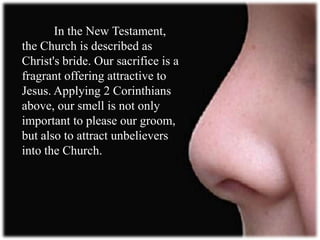 In the New Testament,
the Church is described as
Christ's bride. Our sacrifice is a
fragrant offering attractive to
Jesus. Applying 2 Corinthians
above, our smell is not only
important to please our groom,
but also to attract unbelievers
into the Church.
 