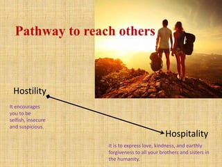 Hostility
Hospitality
It encourages
you to be
selfish, insecure
and suspicious.
It is to express love, kindness, and earthly
forgiveness to all your brothers and sisters in
the humanity.
Pathway to reach others
 