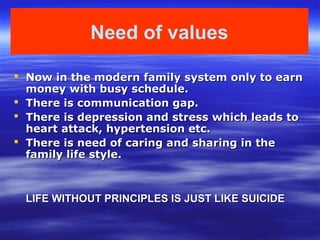  Now in the modern family system only to earnNow in the modern family system only to earn
money with busy schedule.money with busy schedule.
 There is communication gap.There is communication gap.
 There is depression and stress which leads toThere is depression and stress which leads to
heart attack, hypertension etc.heart attack, hypertension etc.
 There is need of caring and sharing in theThere is need of caring and sharing in the
family life style.family life style.
LIFE WITHOUT PRINCIPLES IS JUST LIKE SUICIDELIFE WITHOUT PRINCIPLES IS JUST LIKE SUICIDE
Need of values
 