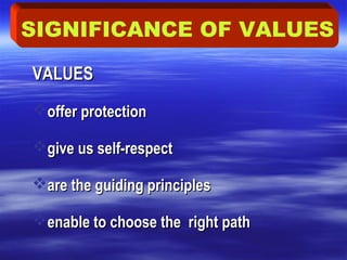 VALUESVALUES
offer protectionoffer protection
give us self-respectgive us self-respect
are the guiding principlesare the guiding principles
enable to choose the right pathenable to choose the right path
SIGNIFICANCE OF VALUES
 