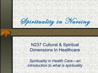 Spirituality in Nursing
N237 Cultural & Spiritual
Dimensions In Healthcare
Spirituality in Health Care—an
introduction to what is spirituality
 