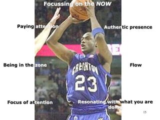 15
Focussing on the NOW
Paying attention
Focus of attention
Authentic presence
Resonating with what you are
doing
Being in the zone Flow
 