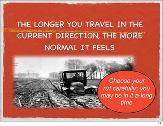 THE LONGER YOU TRAVEL IN THE
CURRENT DIRECTION, THE MORE
      NORMAL IT FEELS



                    Choose your
                  rut carefully; you
                  may be in it a long
                         time


                                        14
 