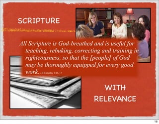 SCRIPTURE

All Scripture is God-breathed and is useful for
  teaching, rebuking, correcting and training in
  righteousness, so that the [people] of God
  may be thoroughly equipped for every good
  work. - II Timothy 3:16-17

                               WITH
                             RELEVANCE

                                                   19
 