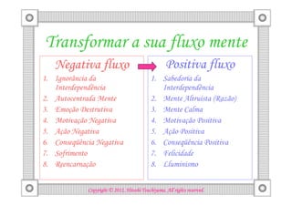 Transformar a sua fluxo mente
   Negativa fluxo                                  Positiva fluxo
1. Ignorância da                            1. Sabedoria da
   Interdependência                            Interdependência
2. Autocentrada Mente                       2. Mente Altruísta (Razão)
3. Emoção Destrutiva                        3. Mente Calma
4. Motivação Negativa                       4. Motivação Positiva
5. Ação Negativa                            5. Ação Positiva
6. Conseqüência Negativa                    6. Conseqüência Positiva
7. Sofrimento                               7. Felicidade
8. Reencarnação                             8. Lluminismo


                                       Tsuchiyama.
             Copyright © 2012, Hitoshi Tsuchiyama. All rights reserved.
 