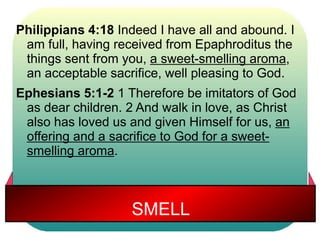 Philippians 4:18 Indeed I have all and abound. I 
am full, having received from Epaphroditus the 
things sent from you, a sweet-smelling aroma, 
an acceptable sacrifice, well pleasing to God. 
Ephesians 5:1-2 1 Therefore be imitators of God 
as dear children. 2 And walk in love, as Christ 
also has loved us and given Himself for us, an 
offering and a sacrifice to God for a sweet-smelling 
SMELL 
aroma. 
 