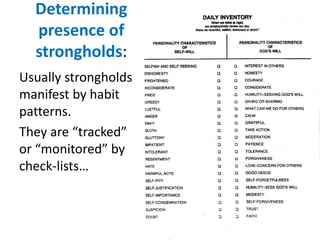 Determining
presence of
strongholds:
Usually strongholds
manifest by habit
patterns.
They are “tracked”
or “monitored” by
check-lists…
 