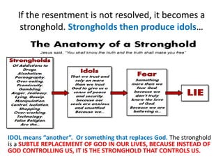 If the resentment is not resolved, it becomes a
stronghold. Strongholds then produce idols…
IDOL means “another”. Or something that replaces God. The stronghold
is a SUBTLE REPLACEMENT OF GOD IN OUR LIVES, BECAUSE INSTEAD OF
GOD CONTROLLING US, IT IS THE STRONGHOLD THAT CONTROLS US.
 