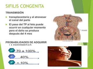 SIFILIS CONGENITA
TRANSMISIÓN
 transplacentaria y al atravesar
el canal del parto
 El paso del TP al feto puede
ocurrir en cualquier momento
pero el daño se produce
después del 4 mes
PROBABILIDADES DE ADQUIRIR
LA ENFERMEDAD
 