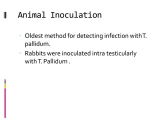 Animal Inoculation
 Oldest method for detecting infection withT.
pallidum.
 Rabbits were inoculated intra testicularly
withT.Pallidum .
 