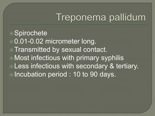 Spirochete
0.01-0.02 micrometer long.
Transmitted by sexual contact.
Most infectious with primary syphilis
Less infectious with secondary & tertiary.
Incubation period : 10 to 90 days.
 