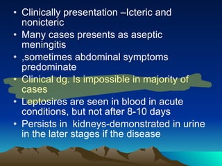 Clinically presentation –Icteric and nonicteric Many cases presents as aseptic meningitis ,sometimes abdominal symptoms predominate Clinical dg. Is impossible in majority of cases Leptosires are seen in blood in acute conditions, but not after 8-10 days Persists in  kidneys-demonstrated in urine in the later stages if the disease 