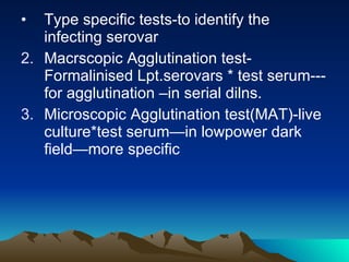 Type specific tests-to identify the infecting serovar Macrscopic Agglutination test-Formalinised Lpt.serovars * test serum---for agglutination –in serial dilns. Microscopic Agglutination test(MAT)-live culture*test serum—in lowpower dark field—more specific 