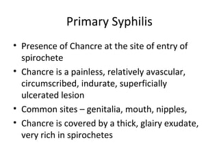 Primary Syphilis
• Presence of Chancre at the site of entry of
spirochete
• Chancre is a painless, relatively avascular,
circumscribed, indurate, superficially
ulcerated lesion
• Common sites – genitalia, mouth, nipples,
• Chancre is covered by a thick, glairy exudate,
very rich in spirochetes

 